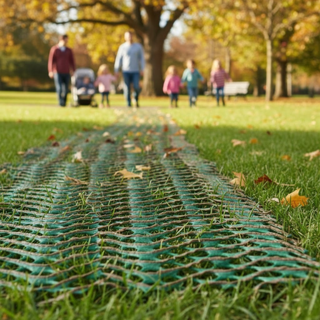 Grass Protection Mesh 1800g/m2 installed on a park lawn to create a reinforced, anti-slip pedestrian walkway for a family pushing a stroller.