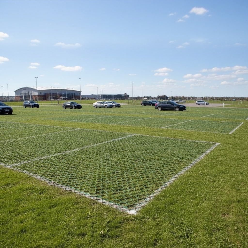 Grass Protection Mesh 1800g/m2 installed to create a functional, SUDS-compliant overflow car park area on grass, with multiple vehicles parked.