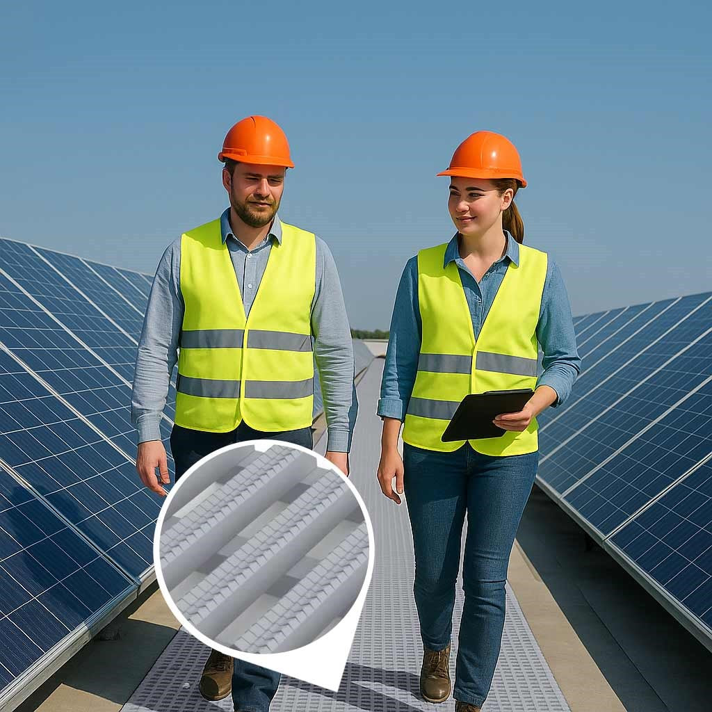 Gray Slip-Resistant Walkway Mat protecting TPO or EPDM roof membranes between rows of solar panels; close-up shows the raised anti-slip surface for worker safety.