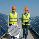 Pale grey matting walkway between rooftop solar panel rows, two staff in hi-viz, inset close-up of ribbed bars