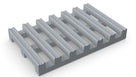 Grey walkway matting panel angled on white, serrated top bars, open channels between them and short legs