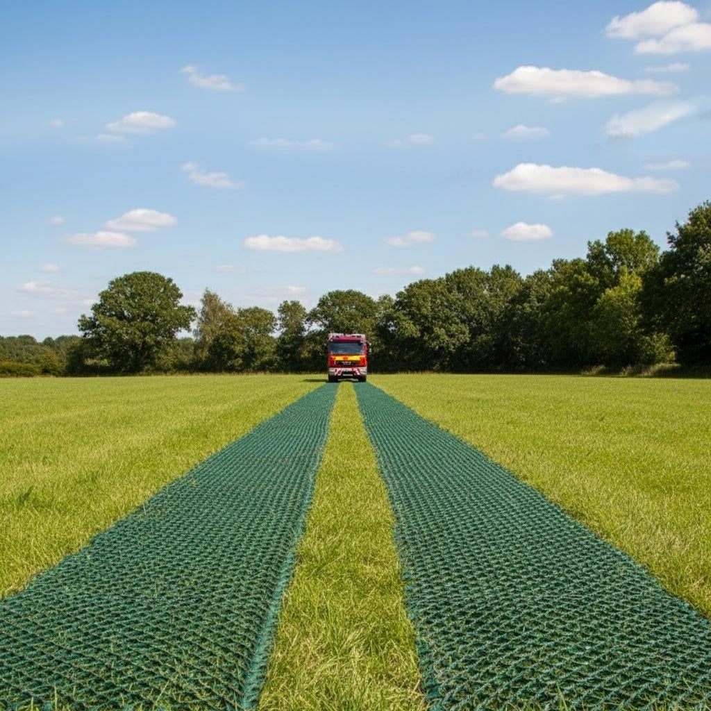 Green Grass Protection Mesh creating a temporary, non-slip roadway for a heavy vehicle; the heavy-duty, 9mm thickness matting reinforces turf against vehicle weight.