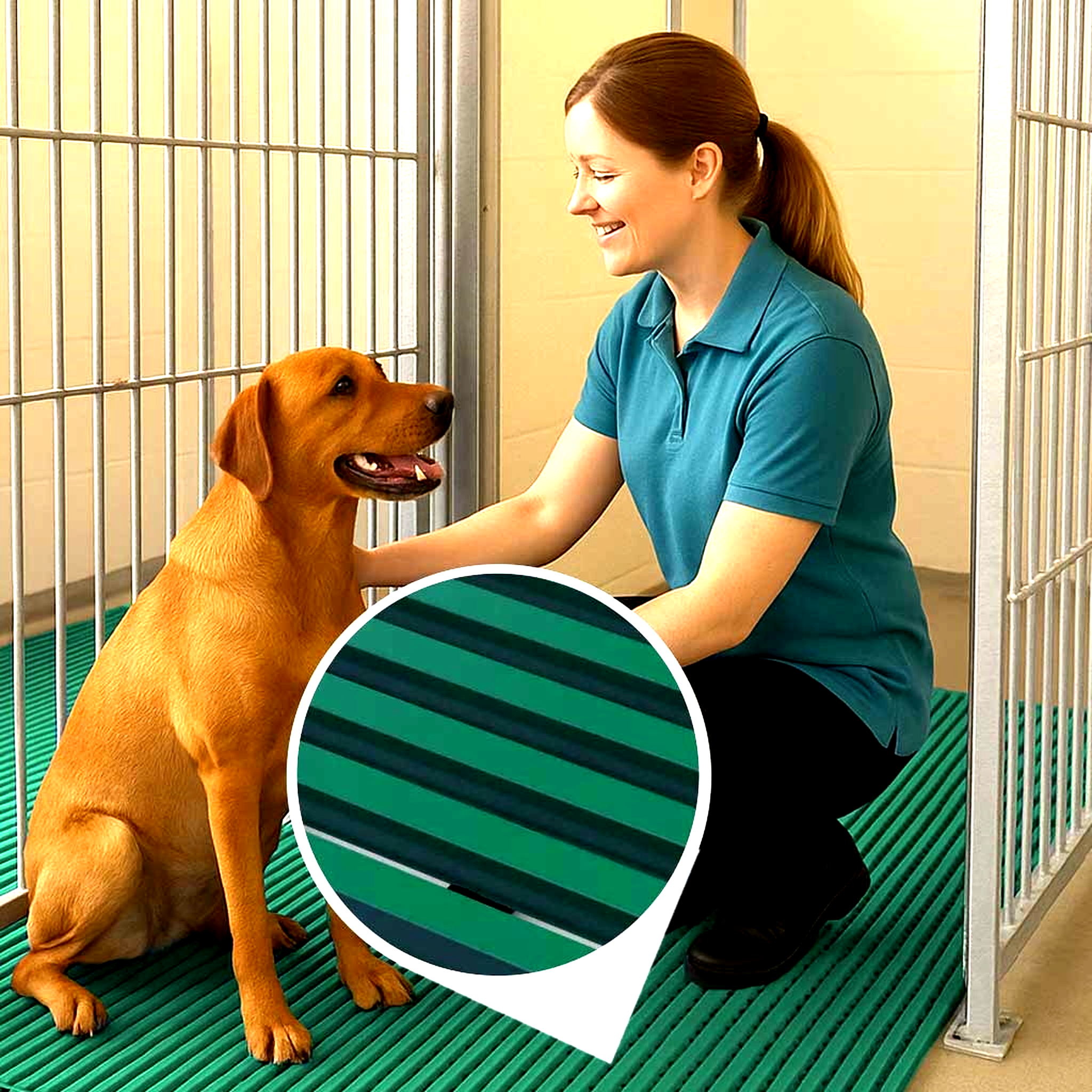 Green HVD Cushioned Animal Cage Matting providing a comfortable and safe floor for a dog in a pet care facility. The durable, cushioned mat is ideal for kennel environments, animal shelters, or veterinary use