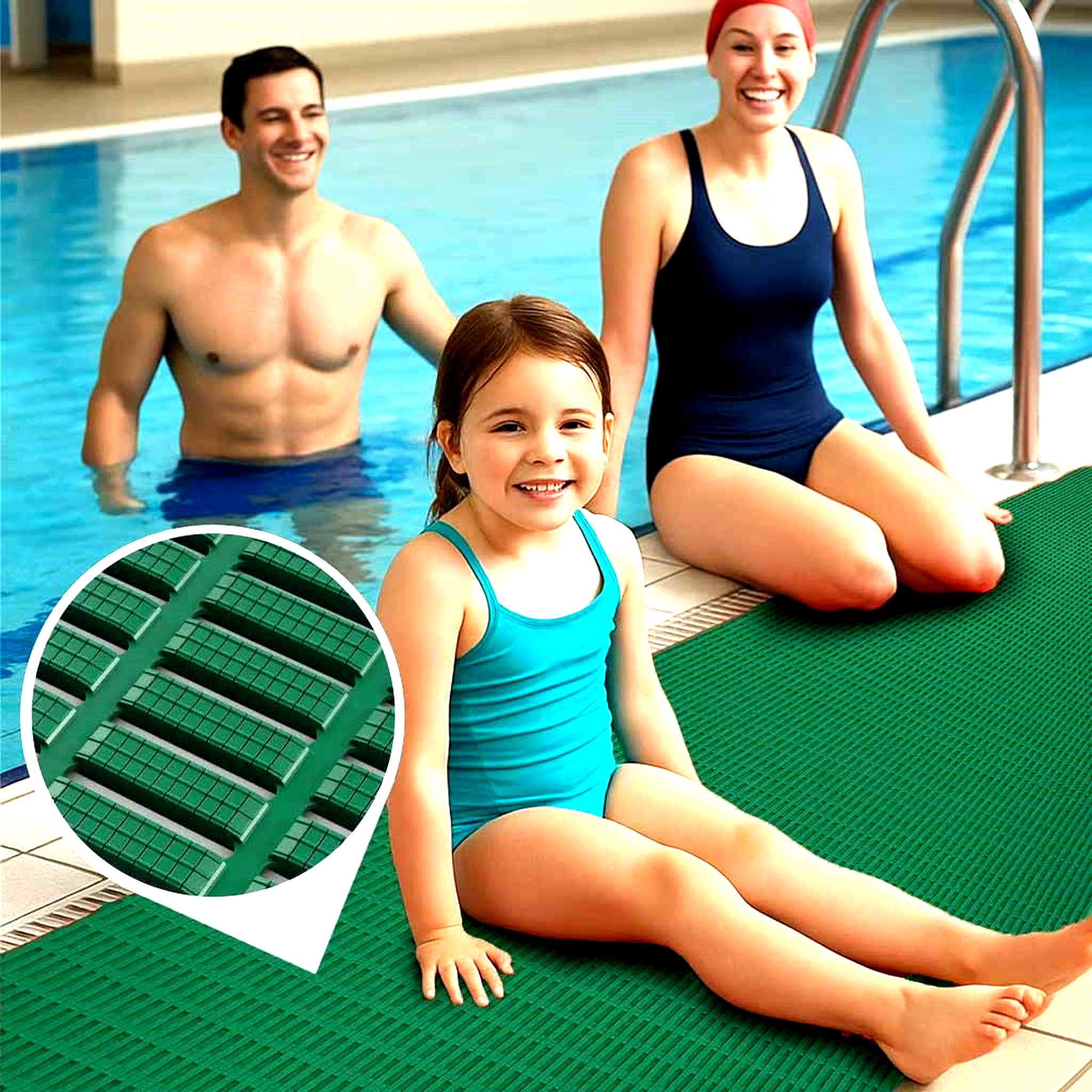 Green Lightweight Non-Slip Matting installed at the edge of a swimming pool, offering a non-slip and hygienic drainage floor. This anti-fatigue mat is perfect for pool decks and other wet areas.