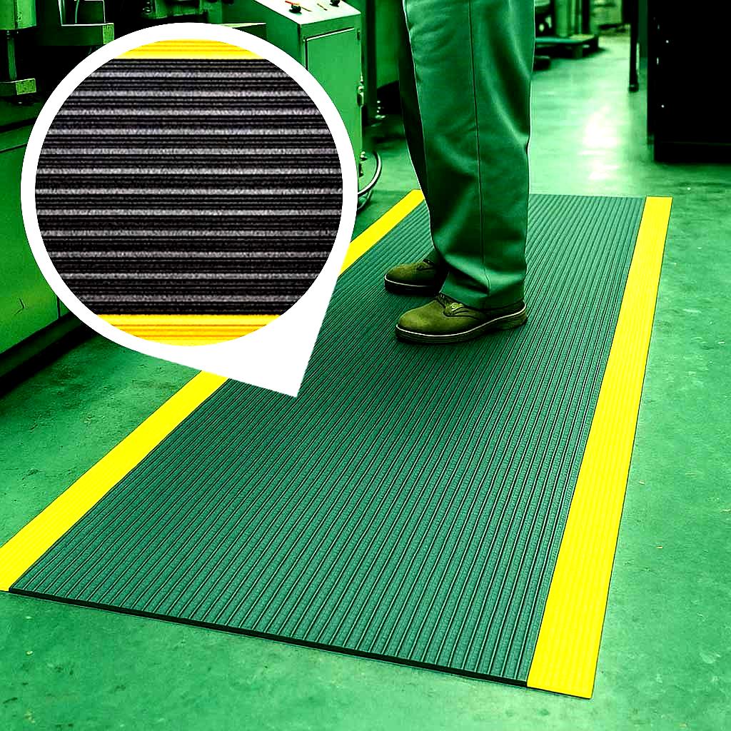Green anti-fatigue noise reducing mat with black ribbed non-slip surface and high-visibility yellow safety borders in a factory setting. A worker stands on the durable PVC foam cushioned mat at a machine, highlighting the product's use at industrial workstations for cushioned support.