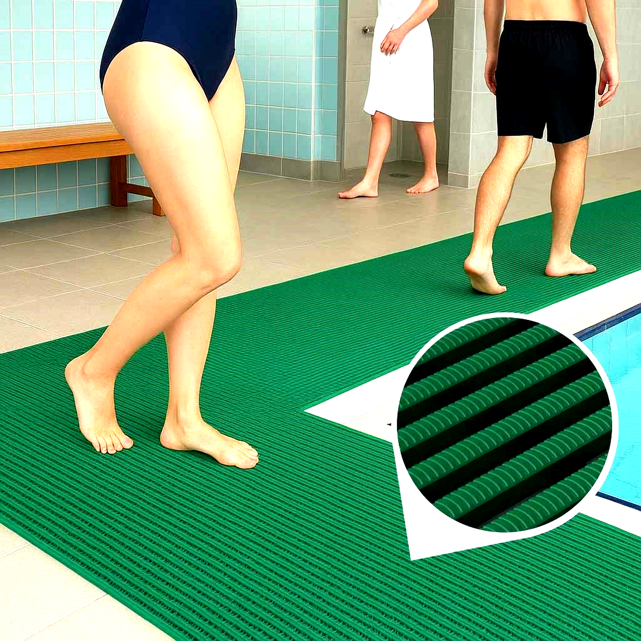 Green ribbed High-Traffic Pool and Wet Areas Safety Mat providing a continuous non-slip walkway for high foot traffic in a wet environment. Inset shows the surface texture.