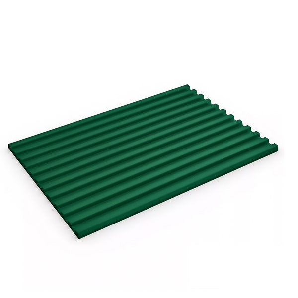 Green ribbed PVC matting roll section, showcasing the corrugated, slip-resistant surface texture. This anti-fatigue, chemical resistant matting is ideal for defining industrial workstations and production lines.