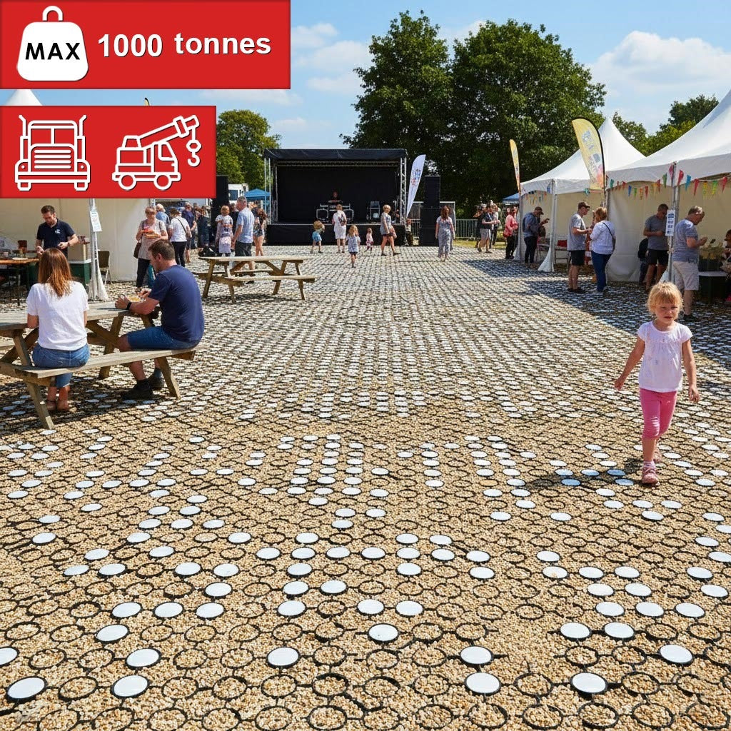 Ground Stabilisation Grid - Heavy duty recycled black plastic grid for temporary and permanent grass reinforcement, parking, and event flooring, with 1000-tonne max load capacity.
