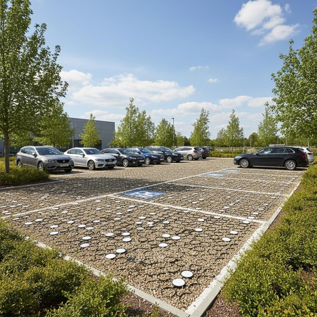 Ground Stabilisation Grid providing a stable, all-weather, and eco-friendly permeable paving solution for a modern business car park with cars parked.