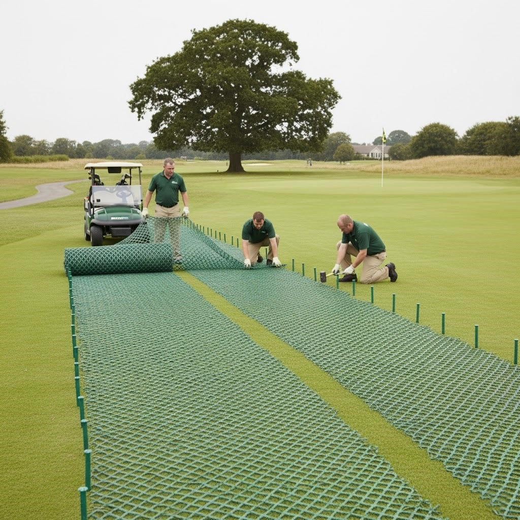 Ground maintenance team installing heavy duty 13 mm green grass protection mesh on golf course