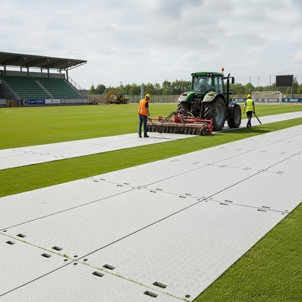 Ground protection mats laid over a grass sports field or stadium pitch, providing a temporary access road for a heavy tractor during maintenance without damaging the turf.