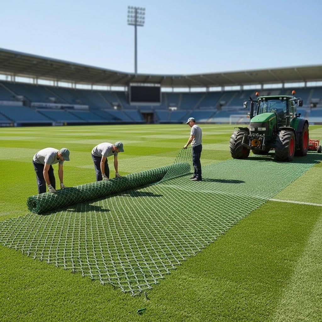 Grounds crew installing 11mm Grass Protection Mesh on a stadium sports field to allow heavy machinery access and prevent turf damage.