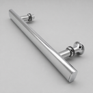 Chrome shower handle on grey, three-quarter view showing the flattened bar and stepped fixings
