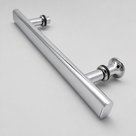 Polished chrome bar handle angled on pale grey, black seal rings at both mounting posts