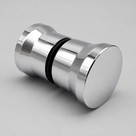 Back-to-back chrome shower door knob on pale grey, angled view showing the black rubber seal