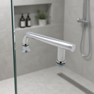 Chrome offset handle on a glass shower screen, grey tiled alcove with toiletries and a plant behind