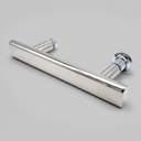 Polished chrome T-bar shower handle on pale grey, angled bar with two round mounting posts