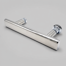 Polished chrome T-bar shower handle on pale grey, angled bar with two round mounting posts