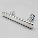 Polished chrome T-bar shower door handle angled on a grey background, round posts at each end