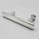 Polished chrome T-bar shower door handle angled on a grey background, round posts at each end