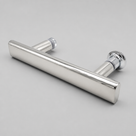 Polished chrome T-bar shower handle on grey, three-quarter view with a ribbed collar on the right post