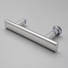 Straight polished chrome T-bar shower handle angled on grey, ribbed collar on the right post