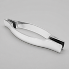 Chrome shower handle with a curved leaf-shaped bar, angled on pale grey with dark fixing blocks