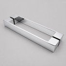 Long chrome rectangular shower handle angled on grey, square blocks at each mounting point