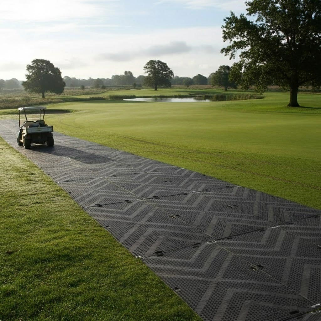 HDPE ground protection mats laid out on a golf course, forming a temporary, anti-slip pathway for a golf cart, preventing wear and tear on the grass and providing stable access across the green.