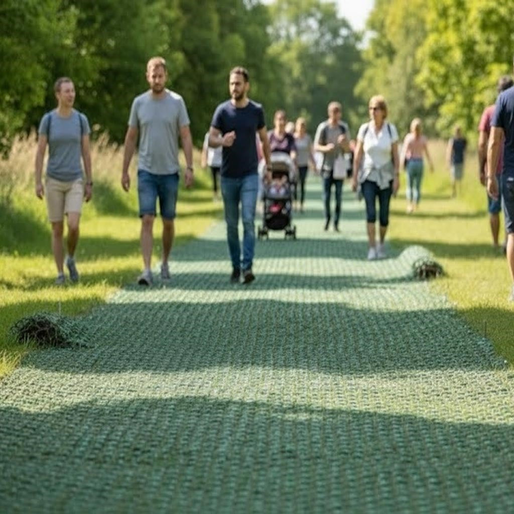 Heavy-Duty Grass Protection Mesh 1800g/m2 installed as a temporary access road on a construction site, reinforcing the turf for HGV and vehicle traffic.