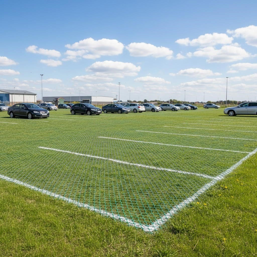 Heavy-duty GP Flex Grass Protection Mesh 1800g/m2 macro view, showing the non-slip green and brown plastic weave texture for ground reinforcement.