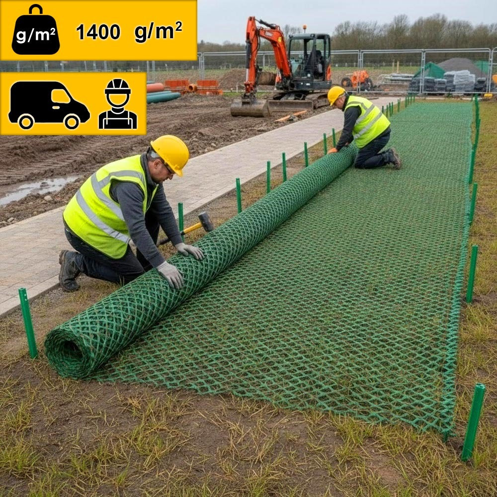 Heavy-duty Non-Slip Grass Protection Mesh 11mm thick 1400g/m2 UV stabilised for temporary roadways and parking