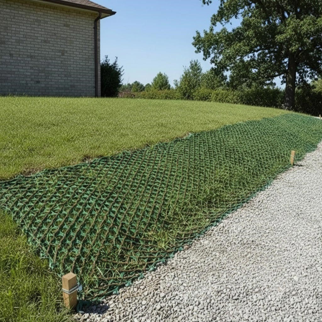 Heavy-duty, non-slip 9mm Grass Protection Mesh installed for embankment stabilization alongside a gravel driveway.