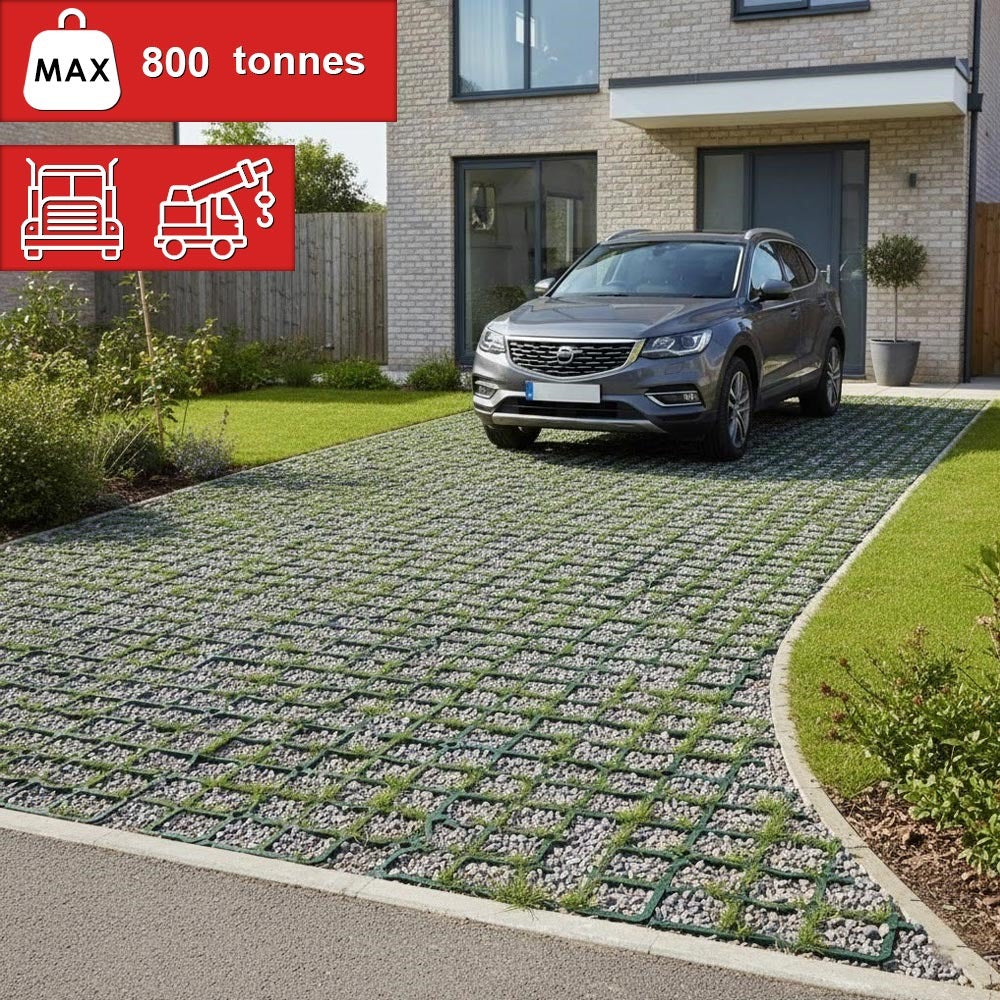 Heavy Duty Ground Grid made of recycled plastic for driveways, paddocks, and caravan sites. The 330mm x 330mm x 50mm permeable plastic paver stabilizes gravel, soil, and grass for medium to heavy loading applications.