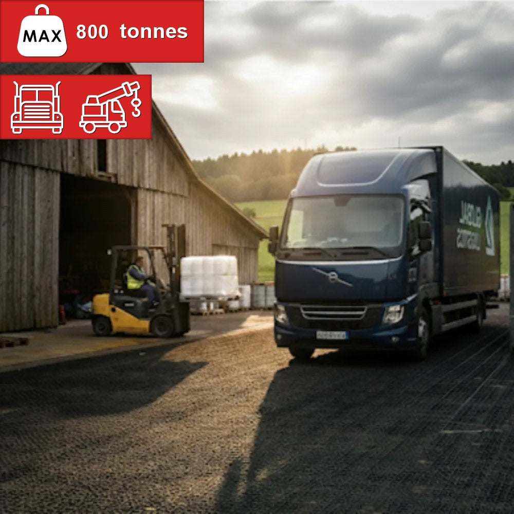 Heavy duty ground grid made from recycled plastic for lorry parks and driveways