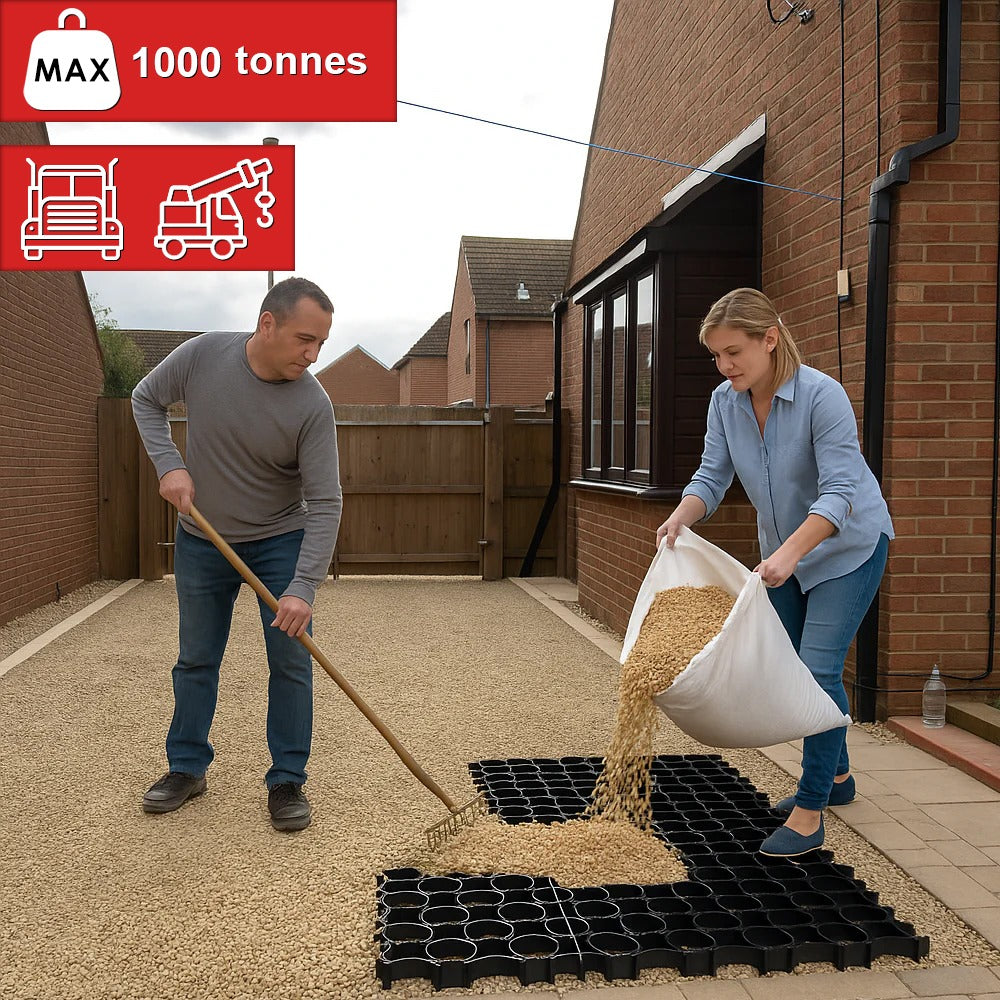 Heavy duty ground stabilisation grid made from recycled plastic – black colour