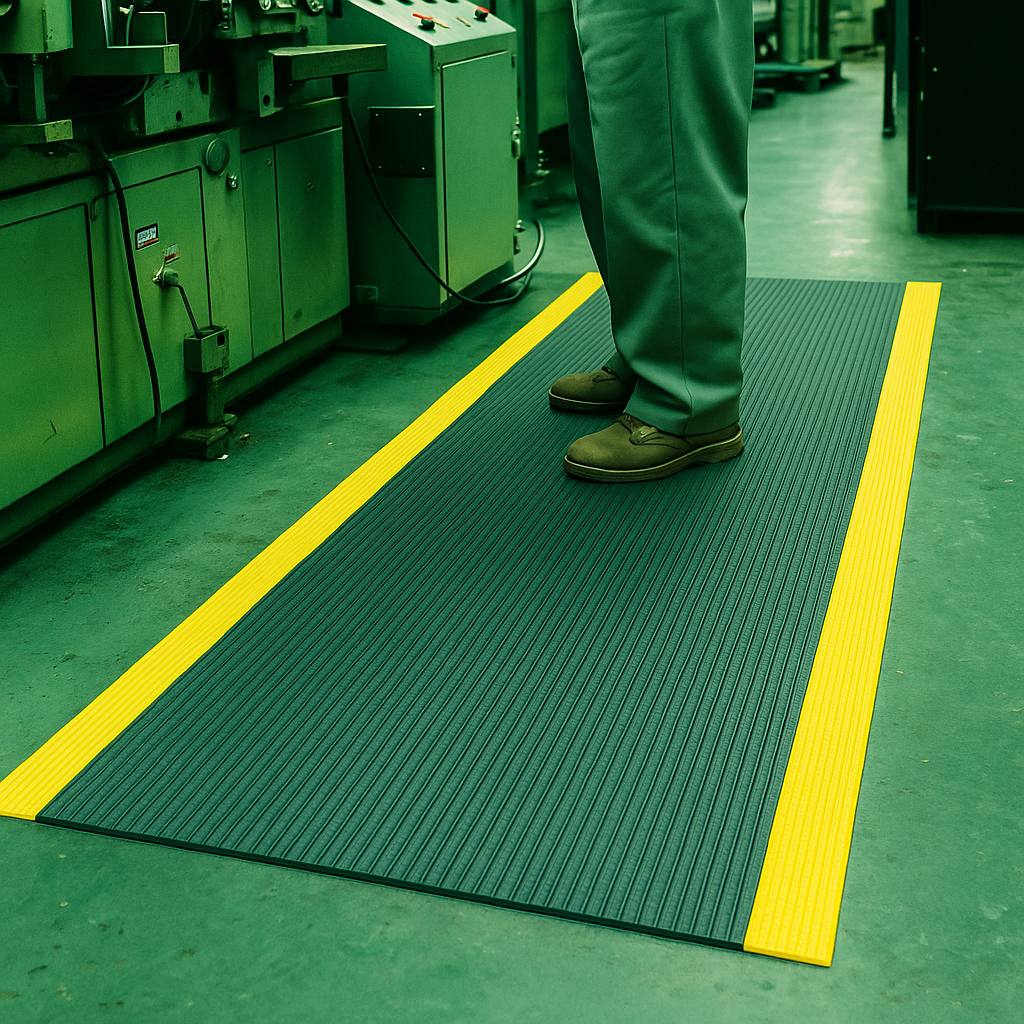 Anti-Fatigue Noise Reducing Mat – Durable PVC Foam, Non-Slip, Cushioned Support for Workstations, Garages with Yellow Safety Borders