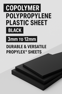 Product graphic reading Copolymer Polypropylene Plastic Sheet, Black, 3mm to 12mm over three black panels
