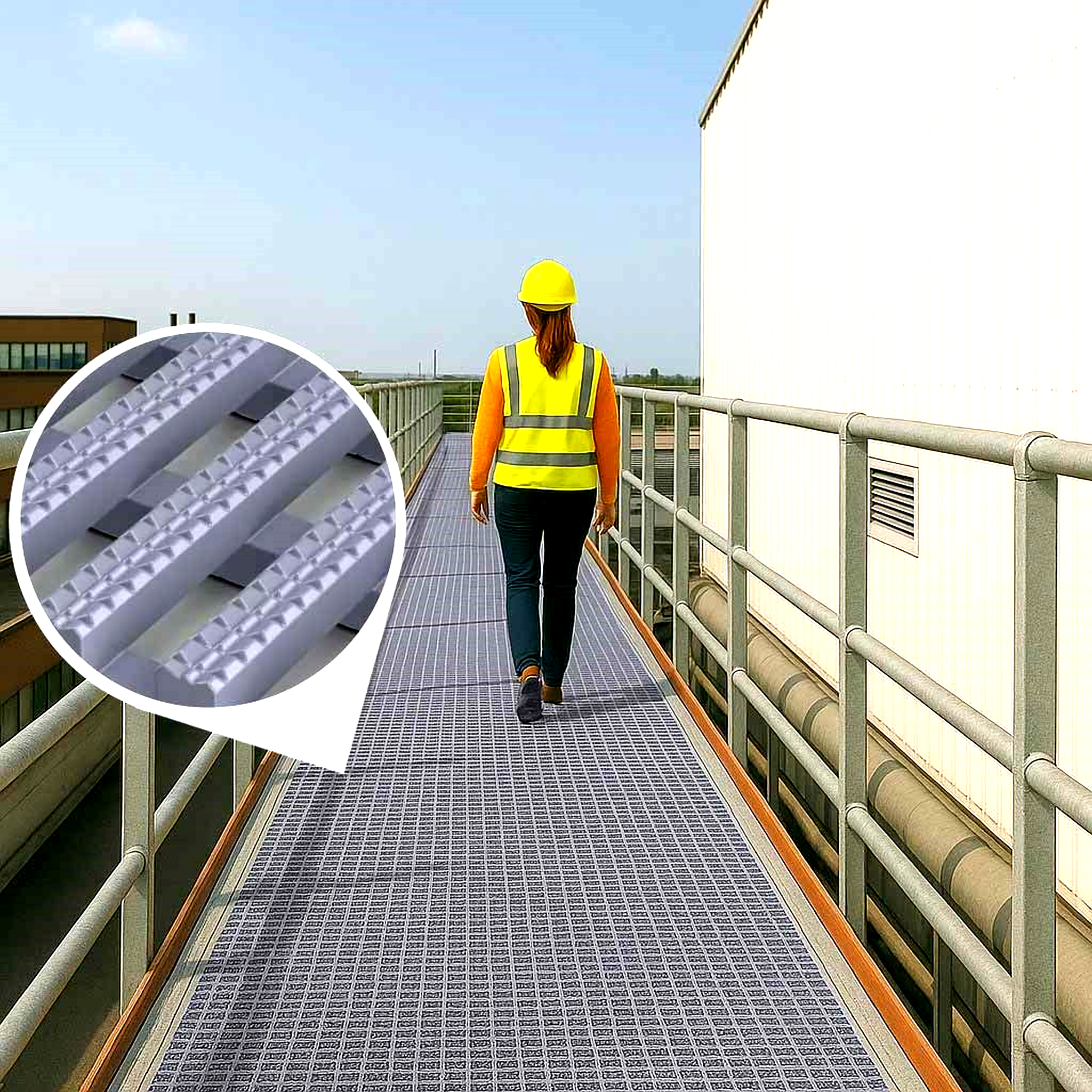 Industrial maintenance worker uses gray Roof Walkway Matting for flat roof protection; close-up shows the anti-slip grid pattern for safety.