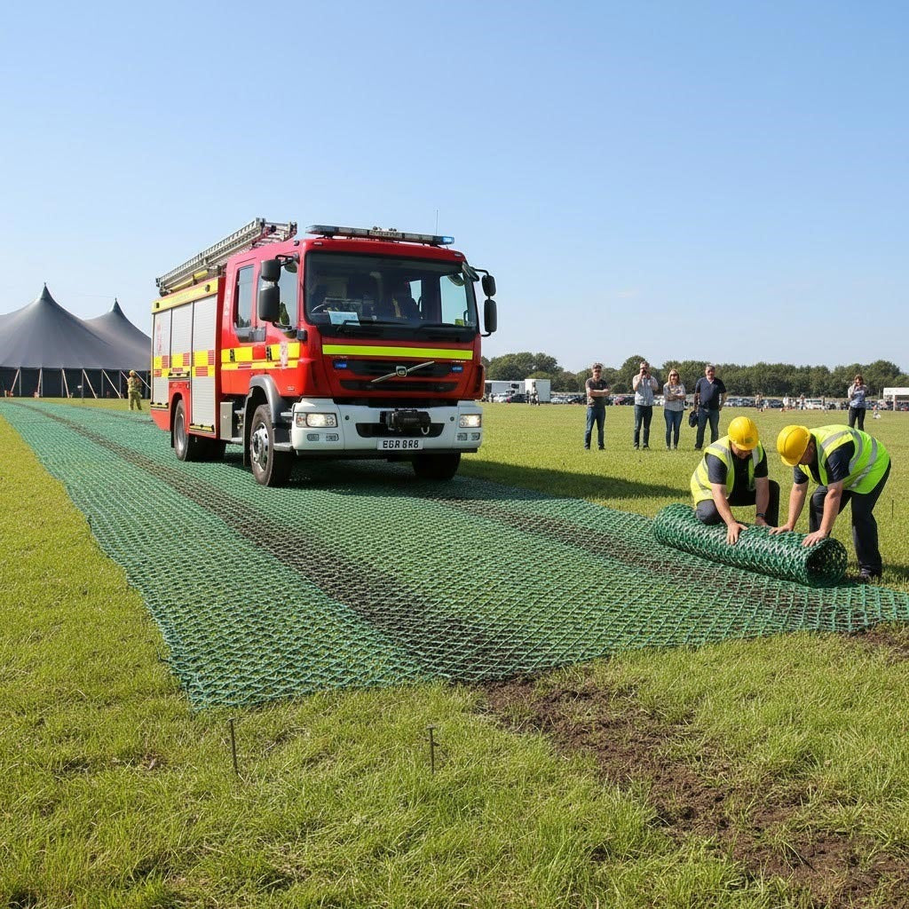 Installation of green **Grass Protection Mesh** (11mm) for **temporary roadways** and emergency vehicle access at an outdoor event site.