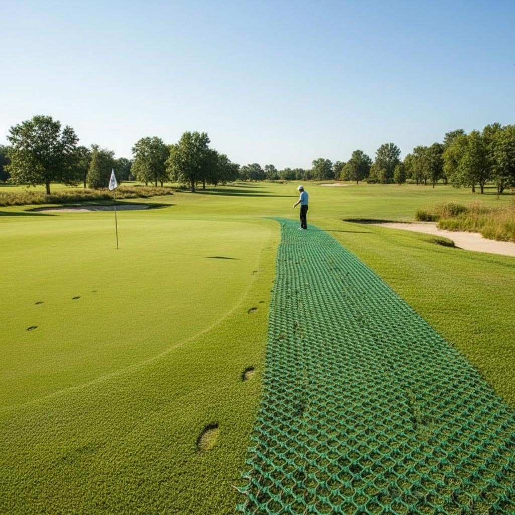 Installed section of UV Stabilised Grass Protection Mesh (11mm, heavy-duty) creating a stable, Golf Course on a professional golf course.