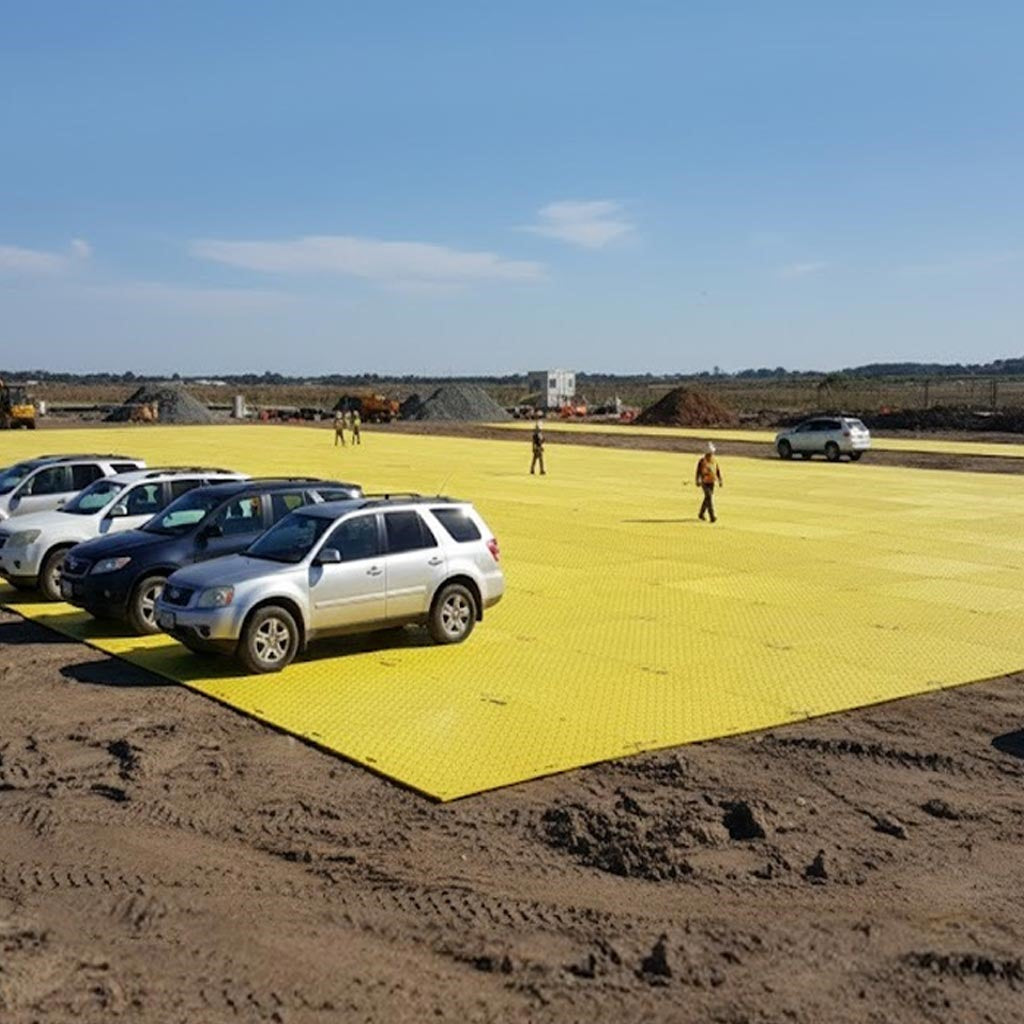Interlocking yellow HDPE plastic construction mats laid for temporary roadway and vehicle support.