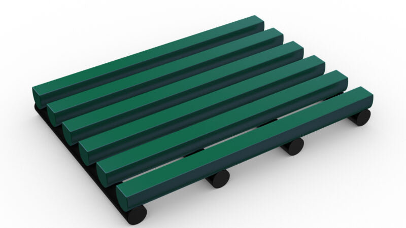 Isolated view of a green HVD Cushioned Animal Cage Matting module on a white background. The mat features an elevated, cushioned, slatted design to provide a safe and hygienic floor for kennels and animal cages.