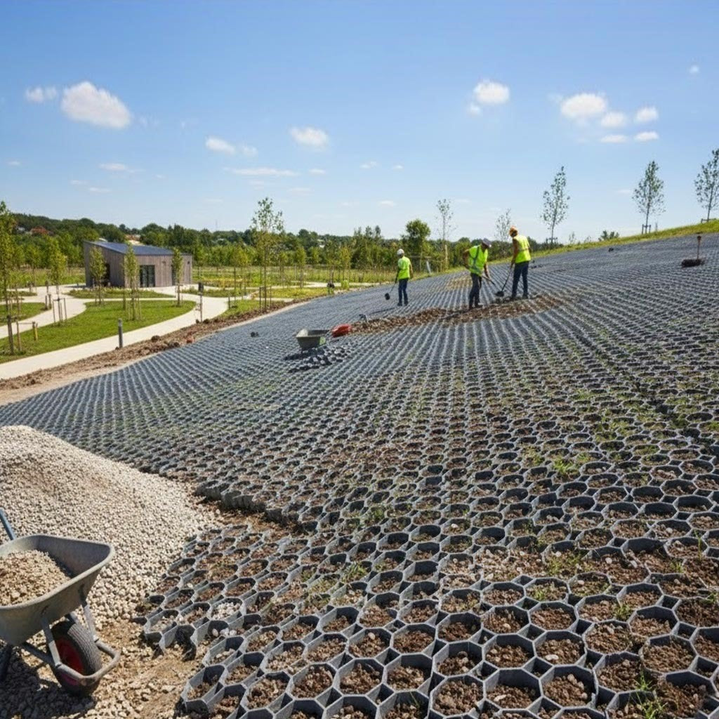 Large-scale landscape groundwork project showing the installation of permeable hexagonal grids on a steep incline for reinforcement and water drainage.