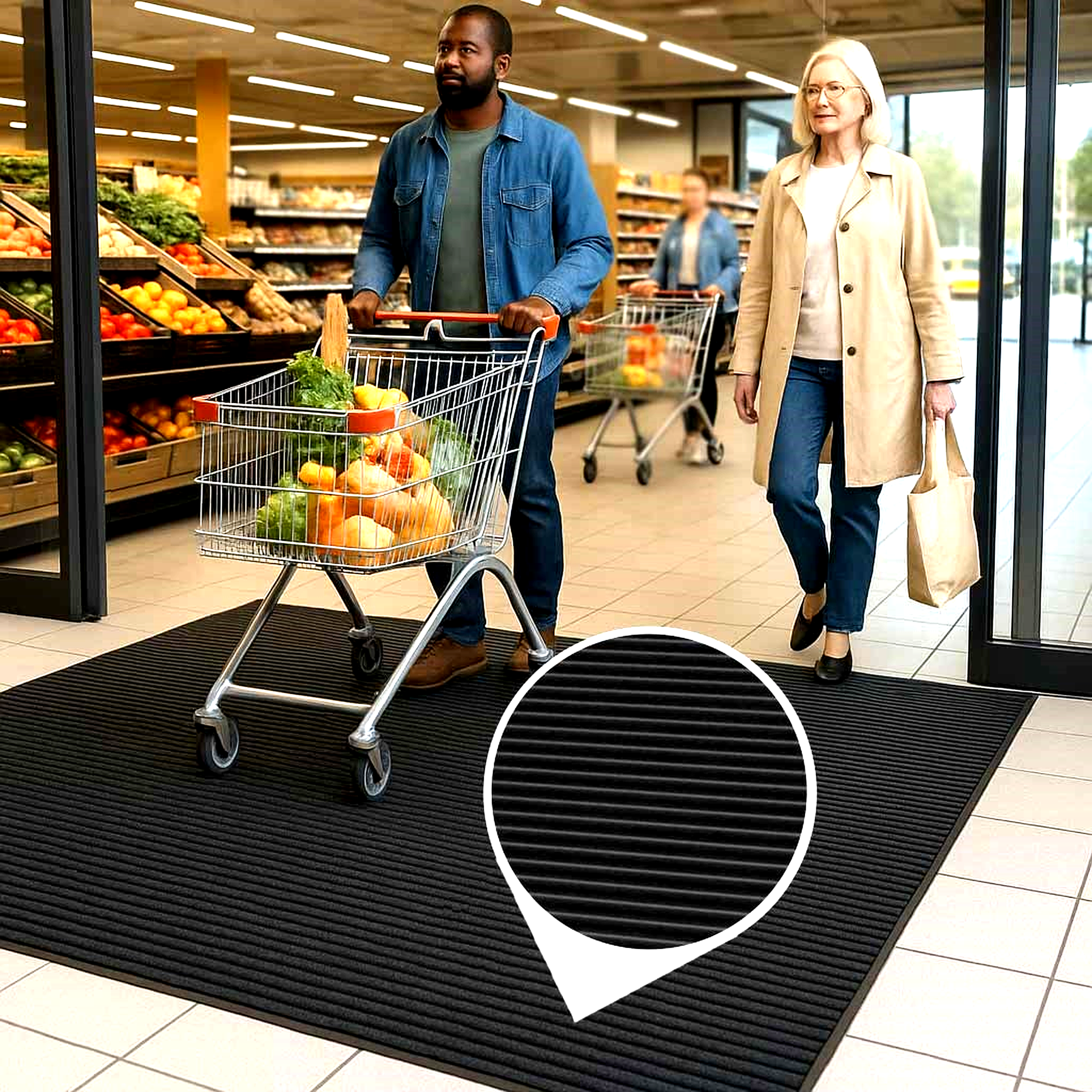 Large black fine ribbed PVC entrance matting laid at the automatic doors of a supermarket. Customers with shopping carts walk over the slip-resistant mat, which is ideal for collecting moisture and dirt, and is chemical and oil resistant for commercial entrances.