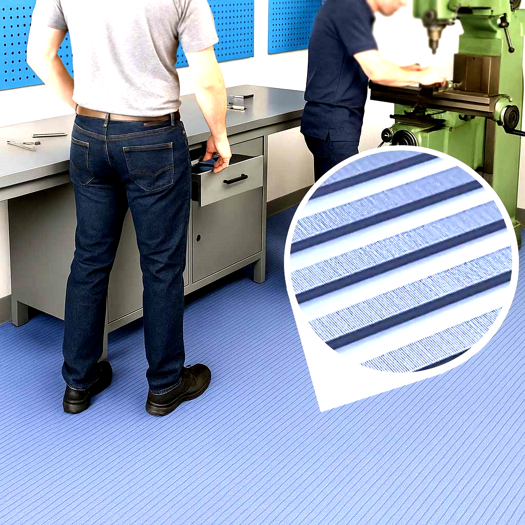 Light blue, extra-resilient anti-fatigue PVC matting for industrial comfort, slip-resistant safety flooring for wet and dry areas.