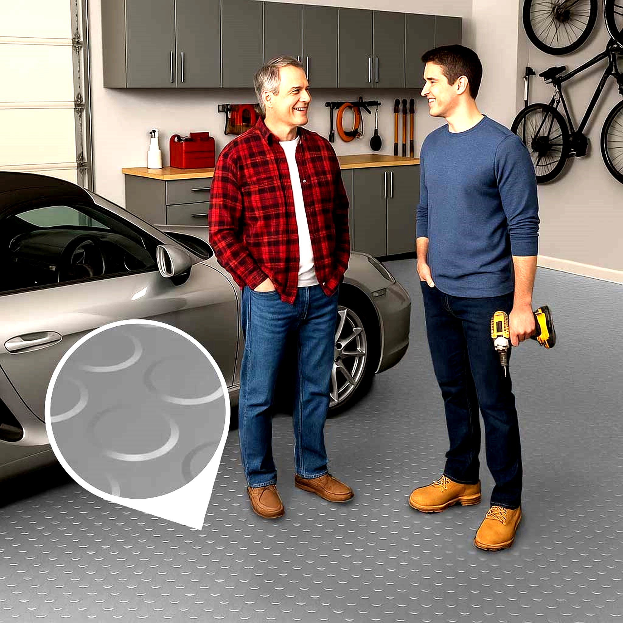 Light grey, non-slip, coin-pattern rubber electrical insulation matting for garage floor, durable and oil-resistant with high voltage protection.