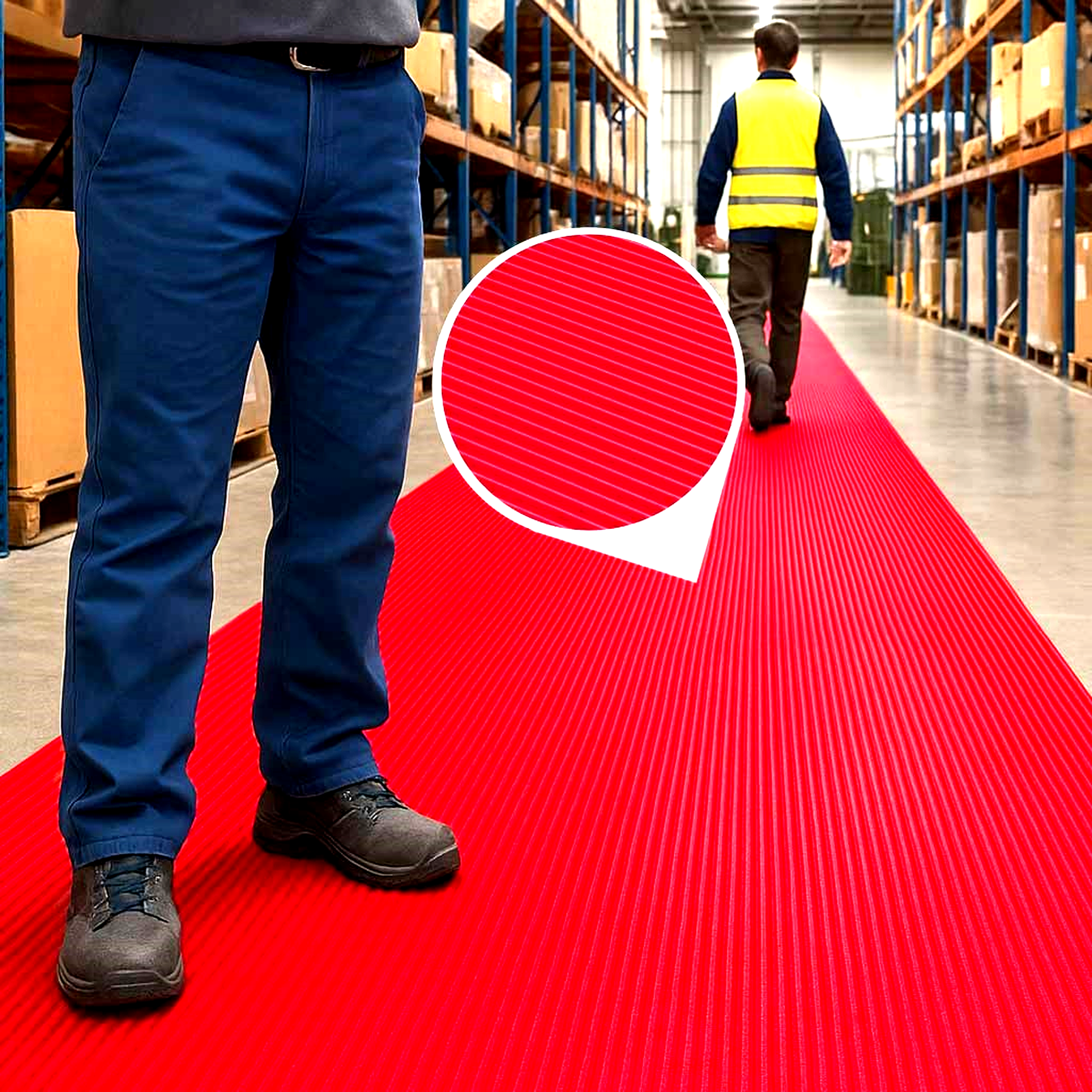Long runner of high-visibility red fine ribbed PVC matting laid down a warehouse aisle with shelving. A worker stands on the slip-resistant matting, which defines a safe walkway and is chemical and oil resistant for industrial environments.
