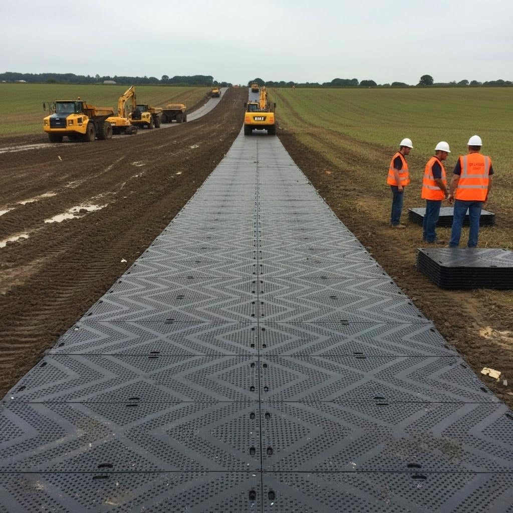 Long stretch of black HDPE ground protection matting providing crucial ground stabilization and vehicle access for heavy construction plant over soft, muddy farmland terrain.