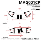 Angled and straight cross-sections of a chrome-finish seal pair, 36mm at 135 degrees and 35mm straight
